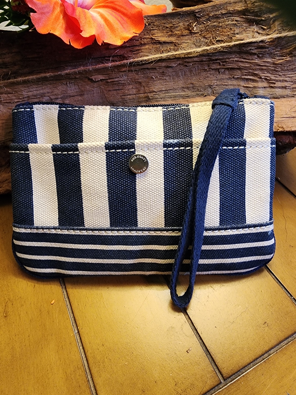 Lands' End Navy Blue & White Striped Denim Wristlet Clutch